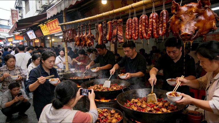 中國貴州貴陽農村趕大集，到處充滿煙火氣，超50種街頭美食大合集，十幾口鐵鍋炒辣子雞場面震撼，滷肥腸本地人最愛，一鍋牛雜100斤一小時售罄，火烤臘肉、腸旺面排隊買，碗餌糕、脆哨、豆腐圓子一口吃出兒時味道