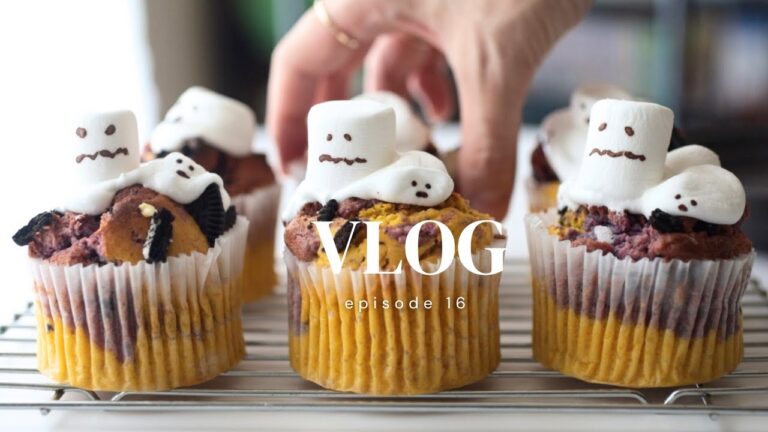 [お菓子作りvlog]  ハロウィンにぴったりなかぼちゃマフィンの作り方｜簡単なのに可愛いマシュマロオバケのレシピも♪