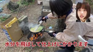 【セーラー服着て屋外料理】焚き火で春キャベツとベーコンのペペロンチーノを作りました#ワンパンパスタ＃ファビオ飯