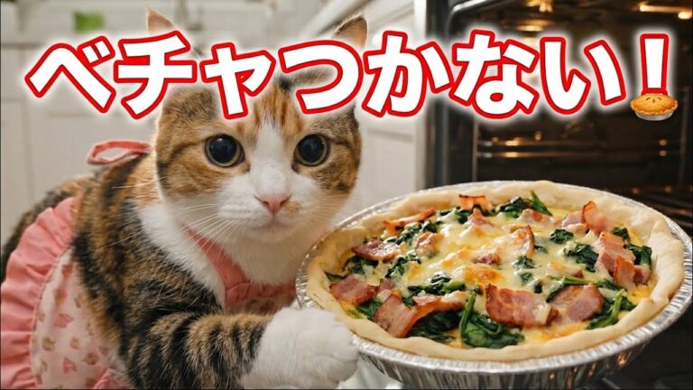 猫、ほうれん草とベーコンのキッシュを作る。