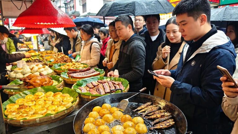 中国长沙本地传统美食街VS网络爆火夜市美食！雨天人气爆满！传统美食荷叶鸡，酥脆煎包、大锅油炸丸子、香煎小鱼，现炸薯片，是火遍全网的人气小吃！