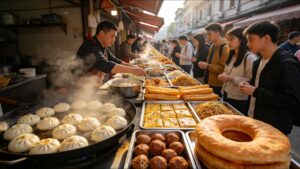 中国武汉最出名的早市美食街！千万人口大城！皮薄爆汁的汽水煎包，本地独有的鲜香软糯三鲜豆皮，超大号甜甜圈状的镂空烧饼，酱香浓郁的热干面！从白天拍到黑夜，碳水美食吃到爽！