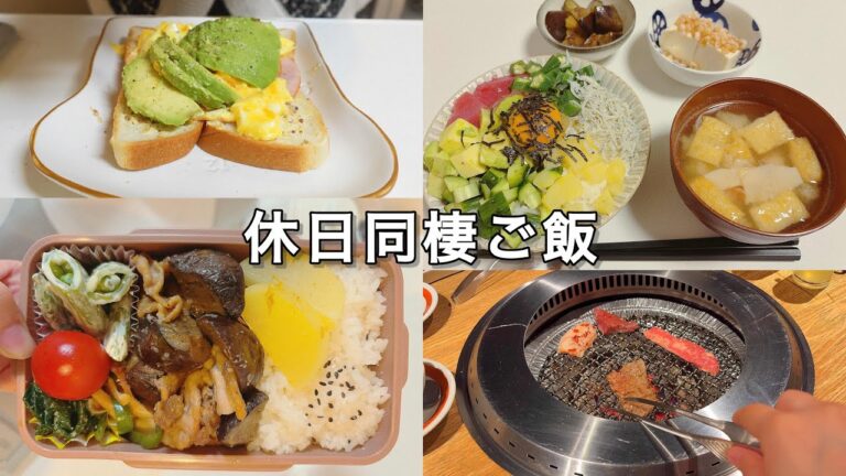 【同棲休日のご飯🍚作り置き🍱】ばくだん丼🐟｜ホットサンド🥪｜肉茄子弁当🍆｜ご褒美焼肉🥩