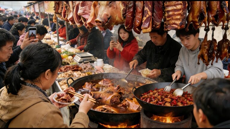 中國雲南昆明本地人最愛逛的農村大集，超50種街頭美食合集，充滿市井煙火氣物價低的驚人，羊肉串真便宜一元一串，包穀飯六元吃飽，幾百人喝羊湯場面震撼，脆皮五花肉、炸豬皮本地人最愛，傳統做法糖油粑粑兒時味道