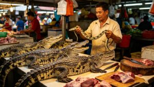 中国广州乡下令人震惊的早市vs都市的热闹夜市,市民抢购鳄鱼肉，摊主徒手生剥活蛇，场面让人打开眼界!