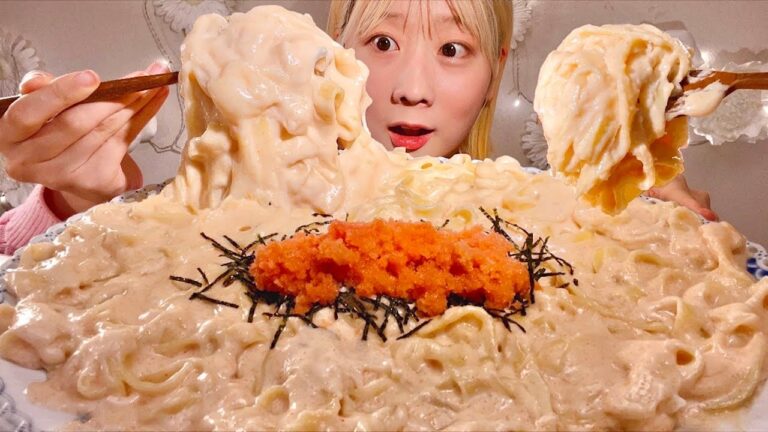 ASMR Mentaiko Cheese Cream Pasta【Mukbang/ Eating Sounds】【English subtitles】