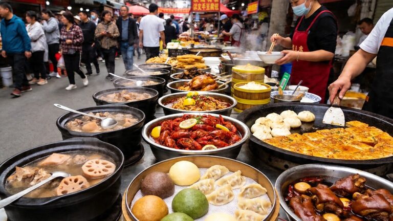 中國武漢美食！走進江城街頭，砂鍋蓮藕排骨湯、三大盆油燜小龍蝦、檸檬麻辣手撕雞、一大鍋水煎包、三鮮豆皮、滷豬蹄滷干子、蒸米糕青稞饅頭、紙皮蒸餃，碳水與重口味愛好者的天堂！