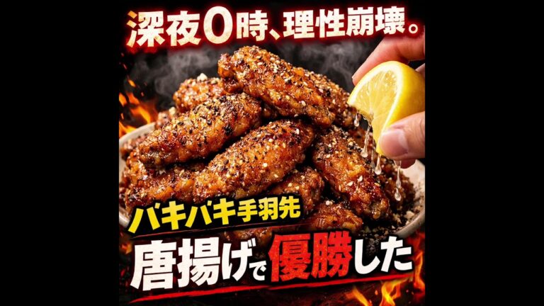 🍗 バキバキ手羽先唐揚げ（黒胡椒×レモン爆汁）「深夜0時、理性崩壊。バキバキ手羽先で優勝した」・「この時間に見たら終わり。手羽先唐揚げ中毒」・「皮バキッ、肉汁ドバ。悪魔の手羽先爆誕」