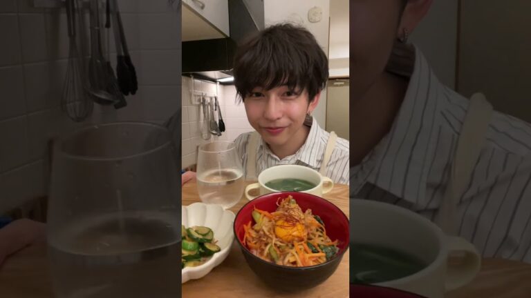【かんたん献立】ワンパンビビンバ丼&きゅうりと小エビのやみつき炒め&小松菜と小エビの中華スープ【自炊日記】#shorts