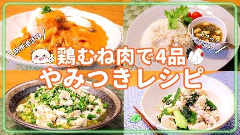 【鶏むねレシピ4品】全部冷凍保存OK！鶏むねを美味しく食べよう 鶏むね ニラ カオマンガイ 和え物 香味漬け ストロガノフ
