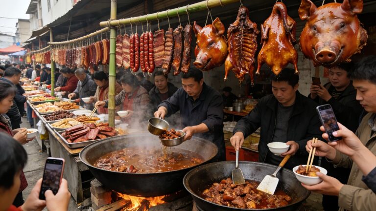 中國天津農村趕大集，充滿市井煙火氣，超30種街頭美食令人口水直流，上百人同時吃麻辣燙場面震撼，一斤一張大肉餅排隊買，炸糕、煎餅果子本地人最愛，鐵板鴨滋滋冒油，拌雞架、貴陽糯米飯、各種街頭美食吃貨的天堂