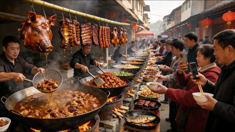 中國天津農村趕大集，超50種街頭美食合集，每一種都令人流口水，充滿市井煙火氣，百人同時吃麻辣燙場面震撼，大肉餅一斤重排隊買，鐵板鴨滋滋冒油，炸糕、煎餅果子本地人最愛，燒餅牛肉、拌雞架各種美食吃貨的天堂