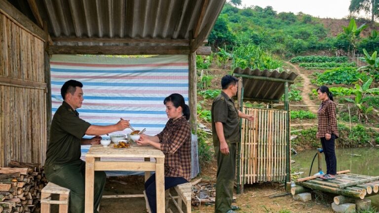 Not only did the police officer build a bathroom, but he also brought a warm, comforting meal.