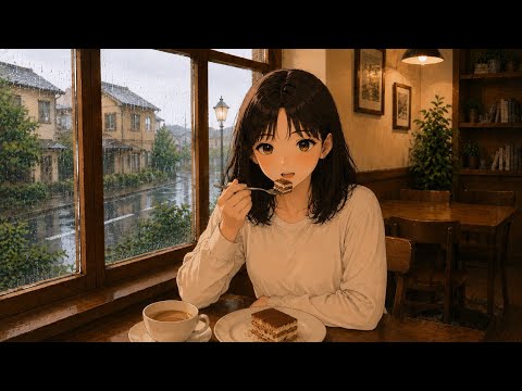 デザートアニメ｜雨の日のティラミスとカフェオレ、静かな午後｜Brewmielle